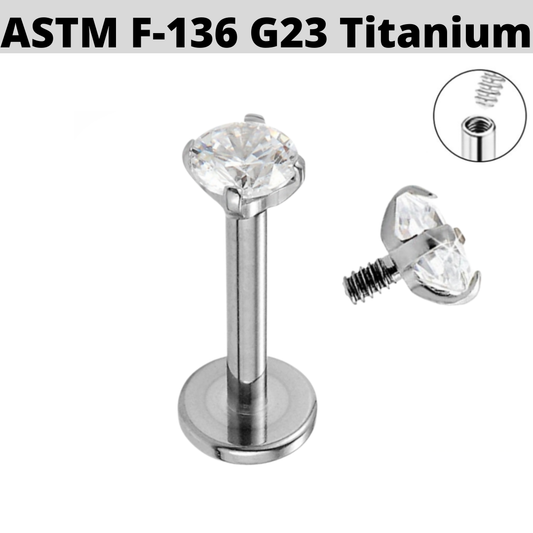 G23 Titanium Internally Threaded CZ Prong Set Tragus Labret
