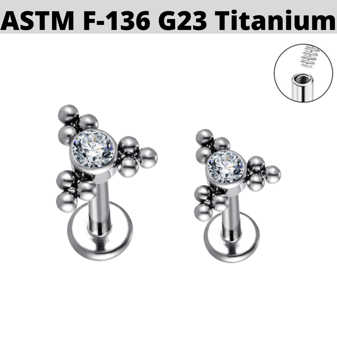 G23 Titanium Internally Threaded Triangle CZ Bead Cluster Tragus Labret