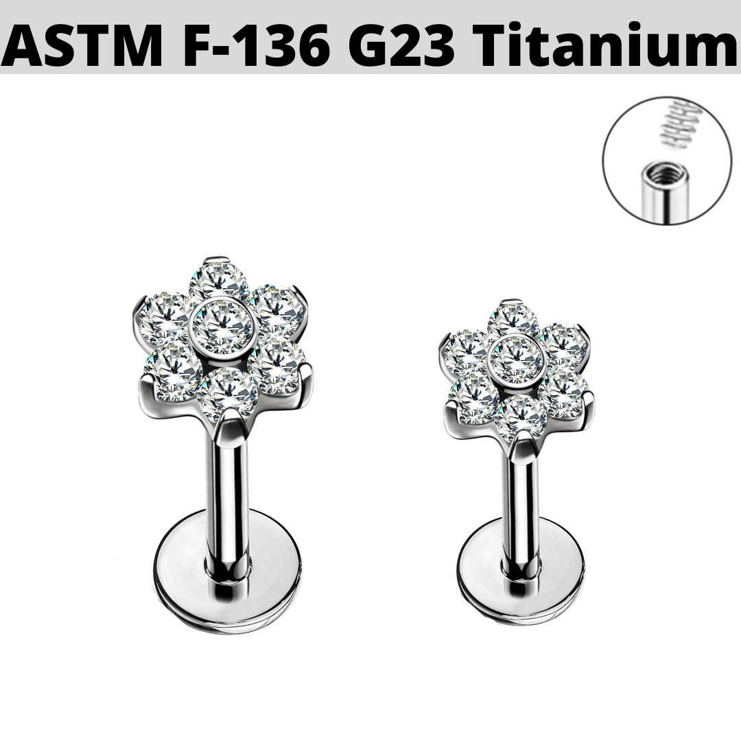 G23 Titanium Internally Threaded Bezel Set CZ Flower Tragus Labret