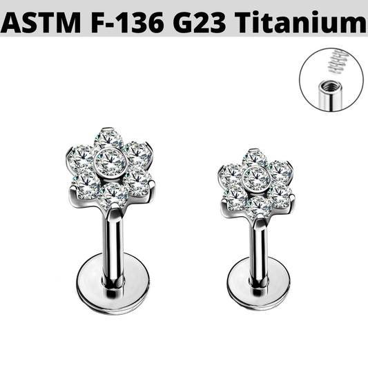 G23 Titanium Internally Threaded Bezel Set CZ Flower Tragus Labret
