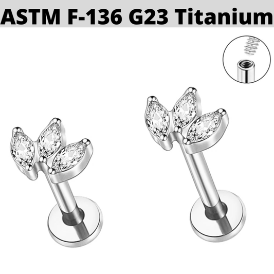 G23 Titanium Internally Threaded Bezel Set 3 Marquise Fan CZ Tragus Labret