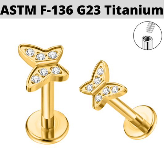 G23 Gold PVD Titanium Internally Threaded Paved CZ Butterfly Labret