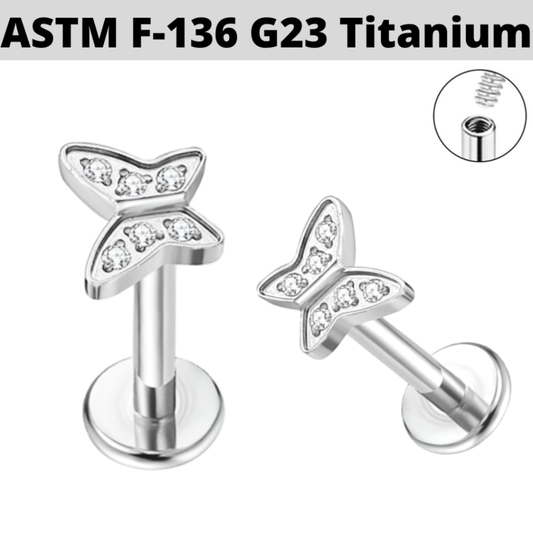 G23 Titanium Internally Threaded Paved CZ Butterfly Labret