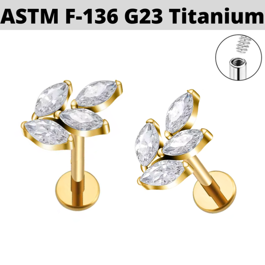 G23 Gold PVD Titanium Internally Threaded Marquise CZ Leaf Labret