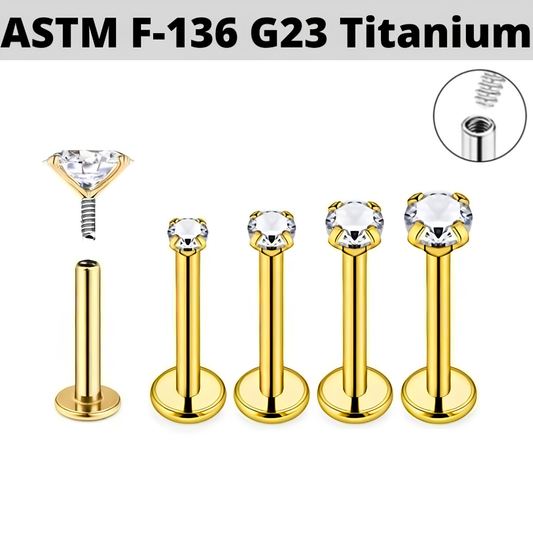 G23 Gold PVD Titanium Internally Threaded CZ Prong Set Tragus Labret