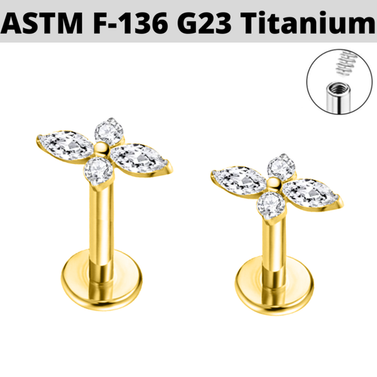 G23 Gold PVD Titanium Internally Threaded Marquise CZ Long Flower Labret