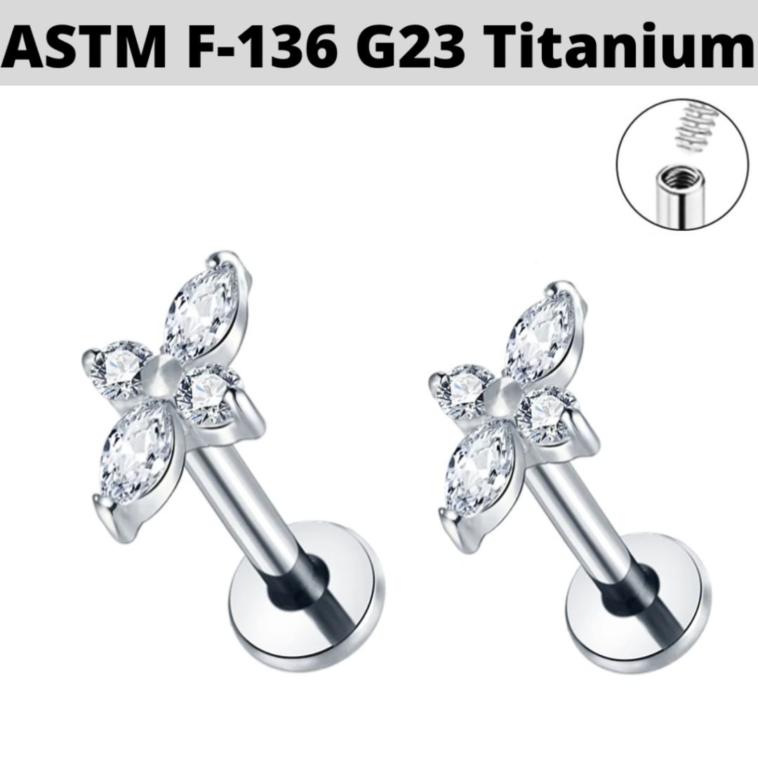 G23 Titanium Internally Threaded Marquise CZ Long Flower Labret
