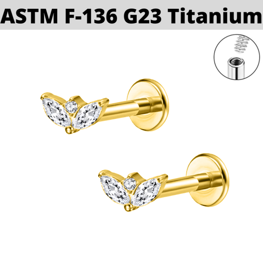 G23 Gold PVD Titanium Internally Threaded 2 Marquise CZ Fan Tragus Labret