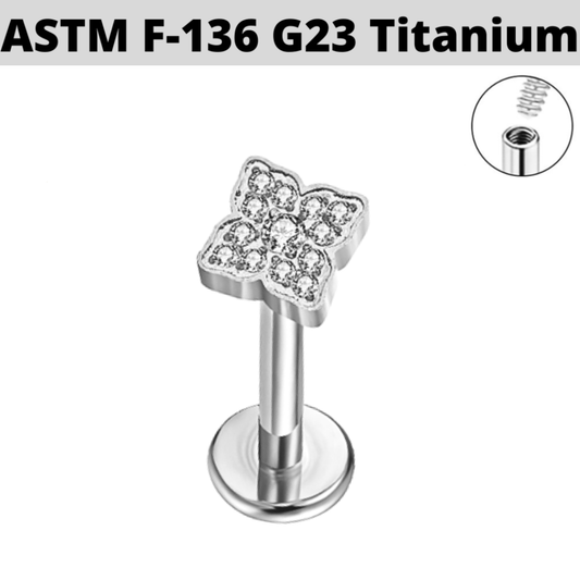 G23 Titanium Internally Threaded CZ Paved Clover Labret