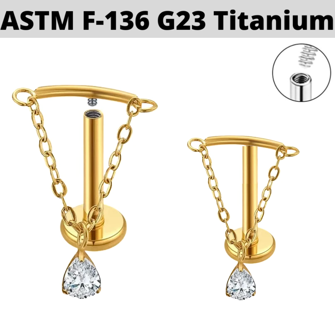 G23 Gold PVD Titanium Internally Threaded Hanging Pear Shape CZ Chain Labret