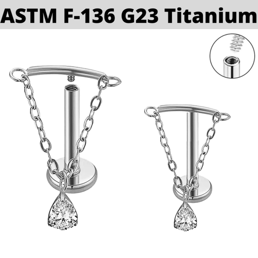 G23 Titanium Internally Threaded Hanging Pear Shape CZ Chain Labret