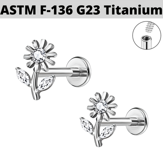 G23 Titanium Internally Threaded CZ Flower Stem Labret