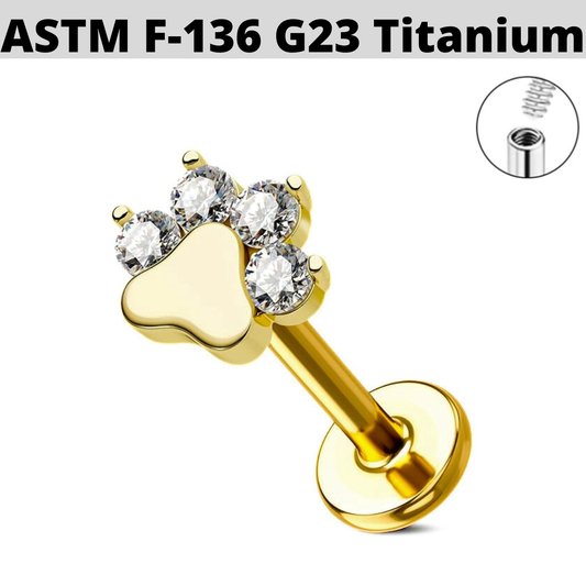 G23 Gold PVD Titanium Internally Threaded Paw CZ Tragus Labret