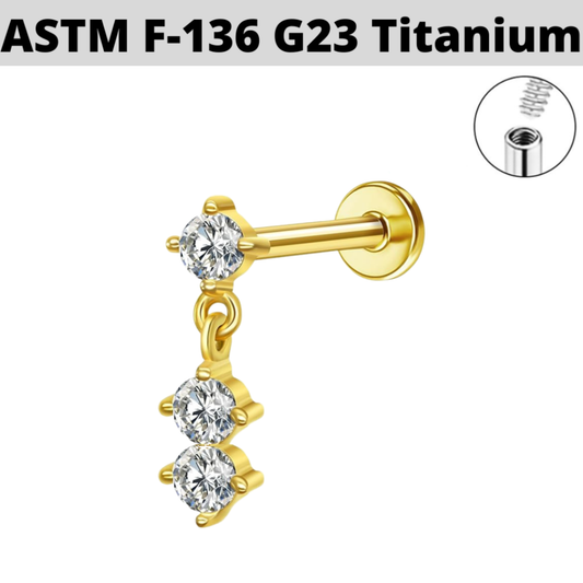 G23 Gold PVD Titanium Internally Threaded 3 CZ Dangle Top Labret
