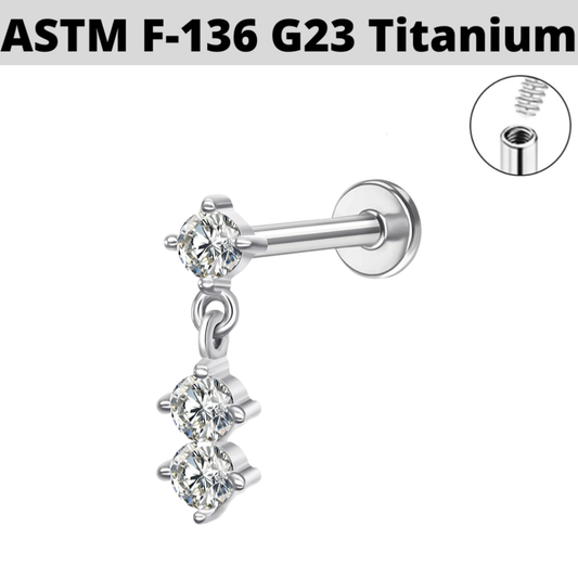 G23 Titanium Internally Threaded 3 CZ Dangle Top Labret