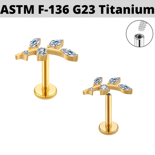 G23 Gold PVD Titanium Internally Threaded 5 CZ Leaf Tragus Labret
