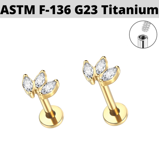 G23 Gold PVD Titanium Internally Threaded Bezel Set 3 Marquise Fan CZ Tragus Labret