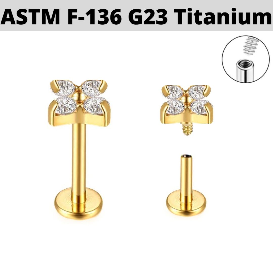 G23 Gold PVD Titanium Internally Threaded 4 CZ Clover Leaf Tragus Labret