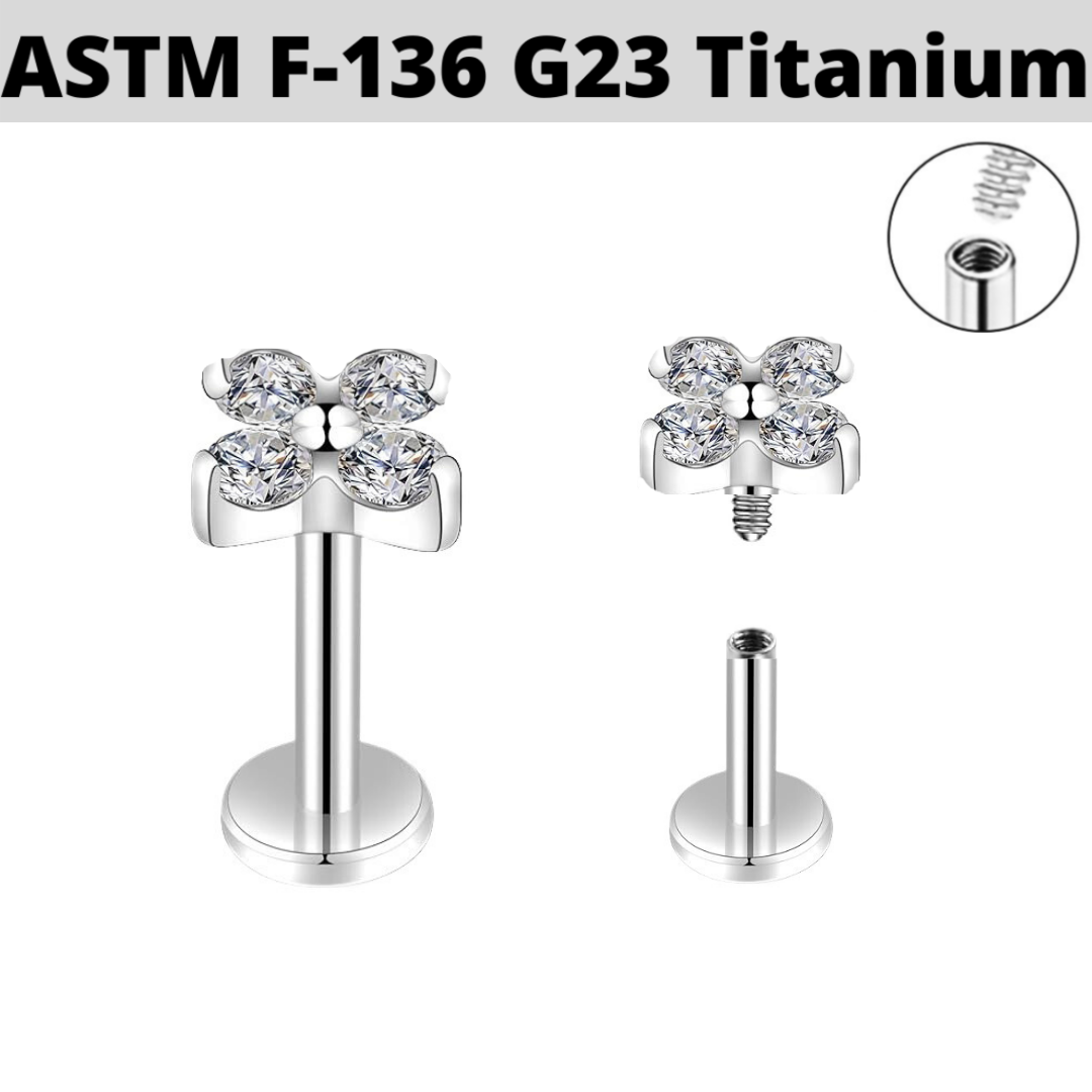 G23 Titanium Internally Threaded 4 CZ Clover Leaf Tragus Labret
