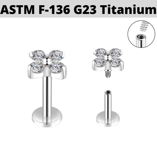 G23 Titanium Internally Threaded 4 CZ Clover Leaf Tragus Labret
