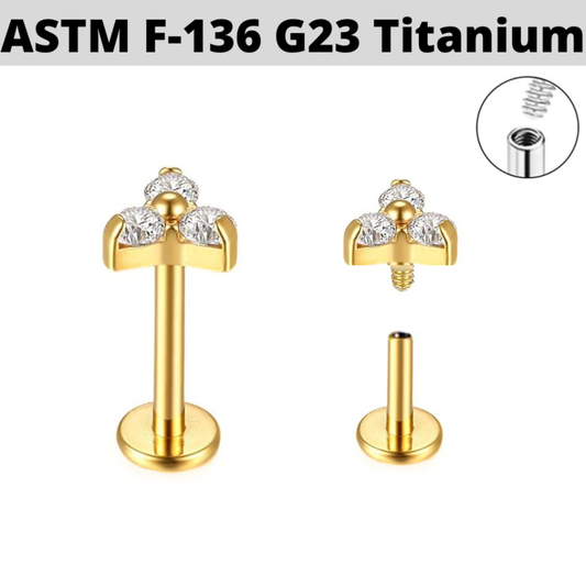 G23 Gold PVD Titanium Internally Threaded Trinity CZ Tragus Labret