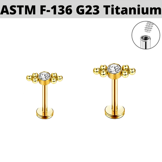 G23 Gold PVD Titanium Internally Threaded CZ 6 Beads Cluster Labret