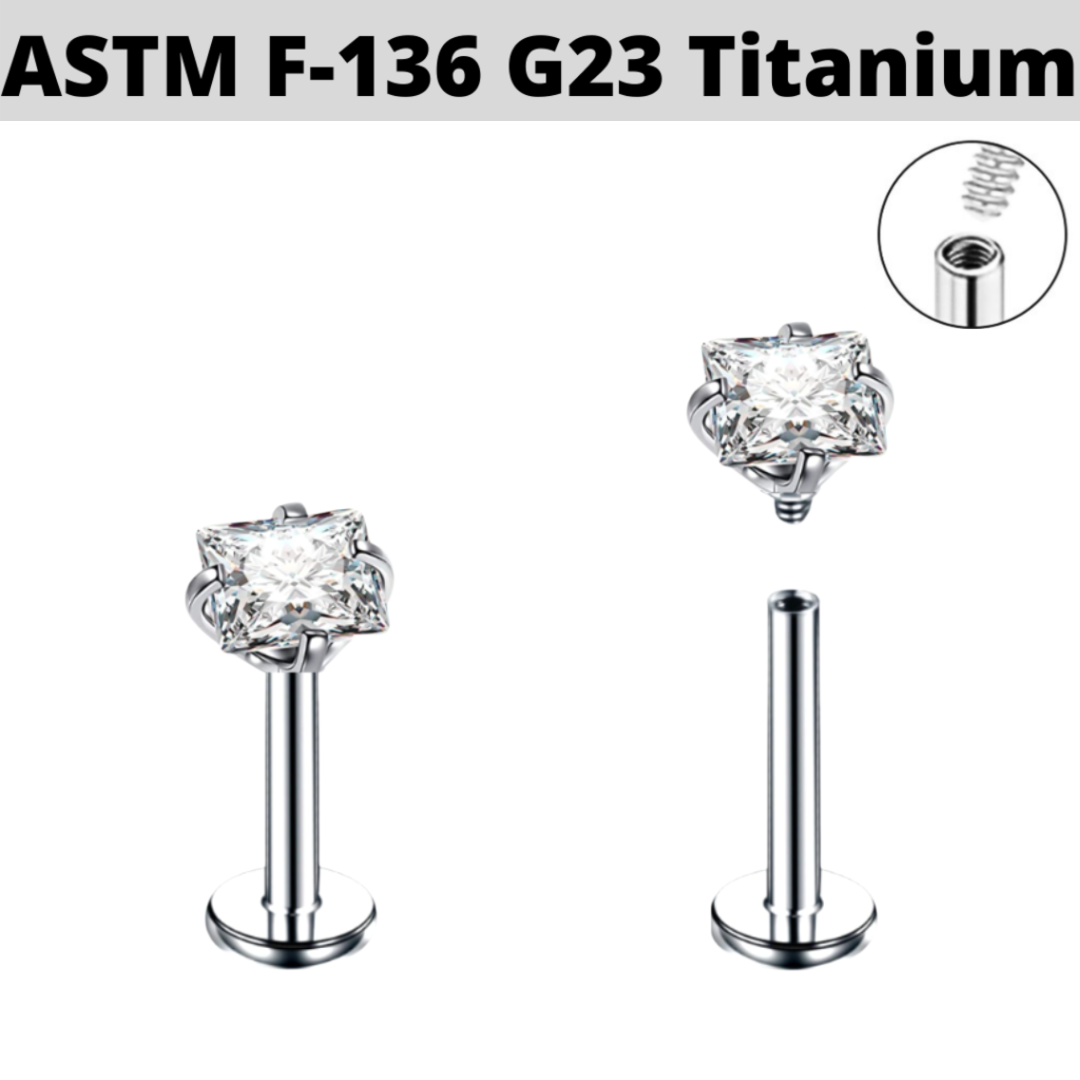 G23 Titanium Internally Threaded Square CZ Prong Set Labret