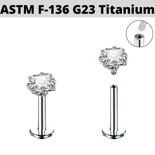 G23 Titanium Internally Threaded Square CZ Prong Set Labret