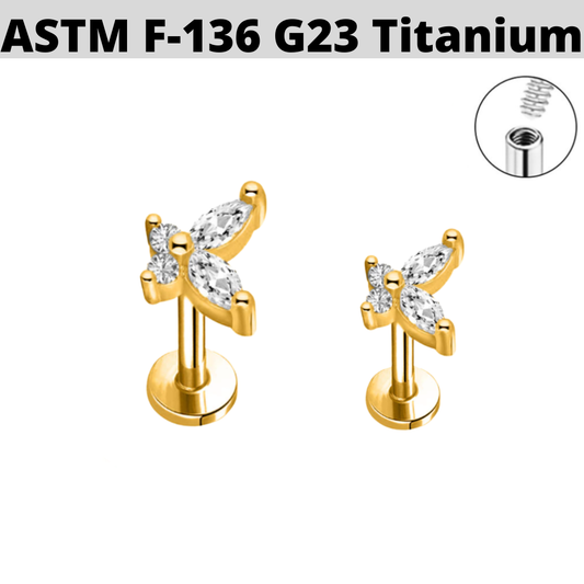 G23 Gold PVD Titanium Internally Threaded CZ Butterfly Tragus Labret