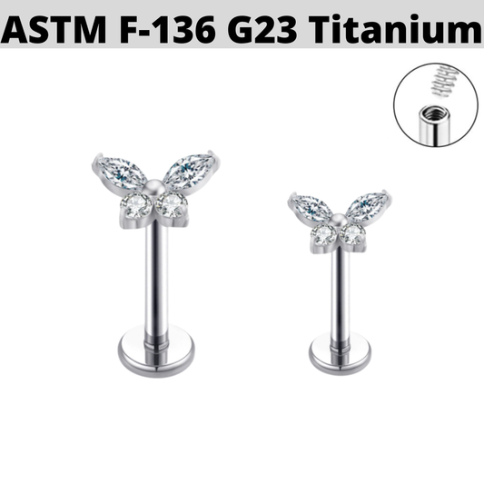 G23 Titanium Internally Threaded CZ Butterfly Tragus Labret