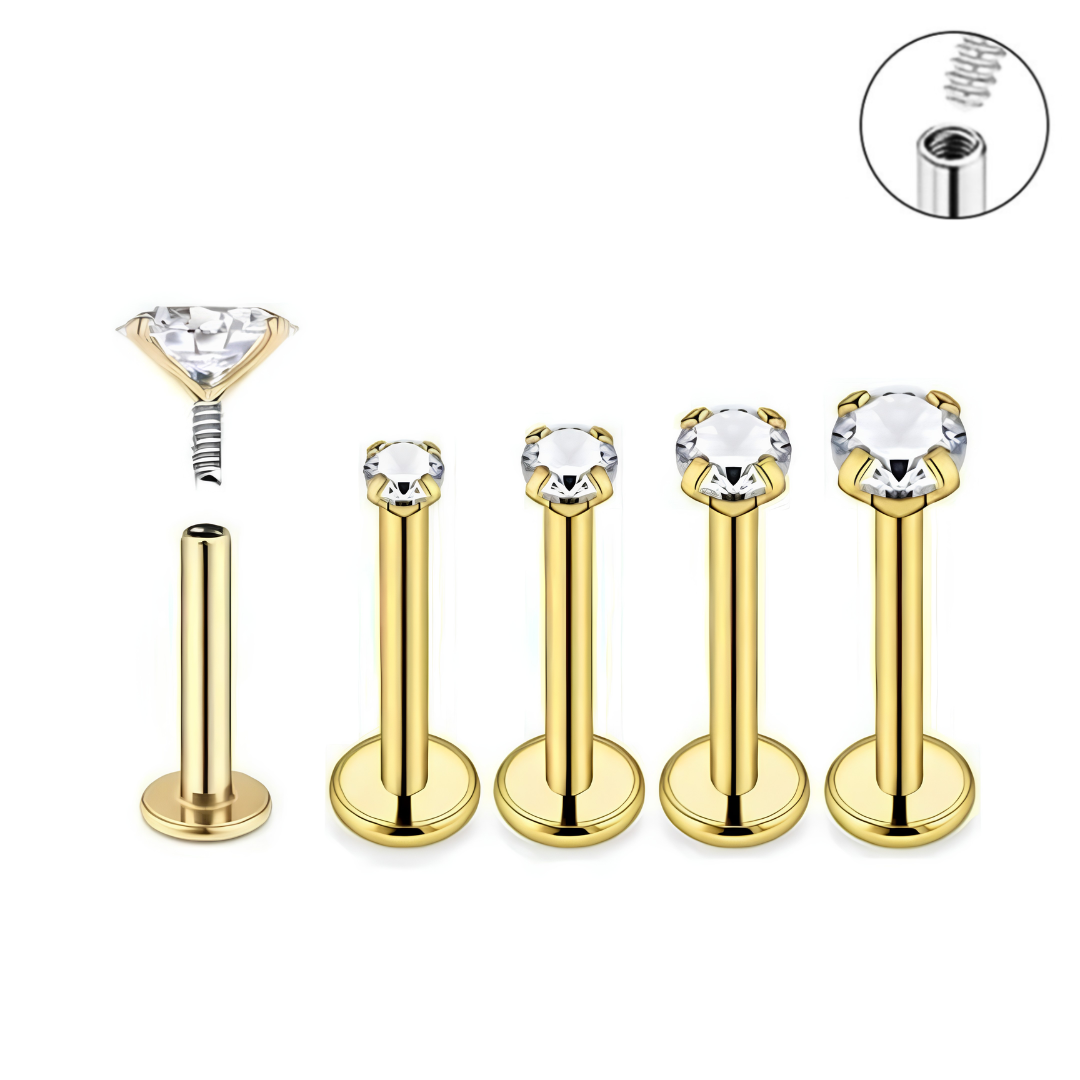 18G Gold Steel Internally Threaded CZ Prong Set Ion Plated Labret