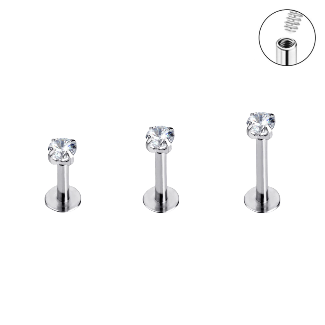 18G Internally Threaded Round CZ Prong Set Tragus Labret
