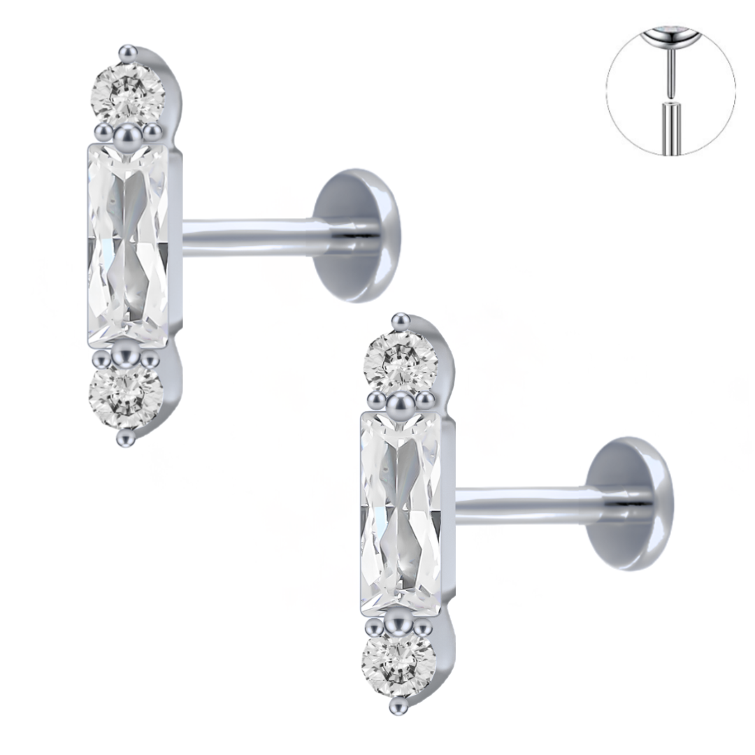 Steel Threadless Push In Rectangle Baguette CZ Bar Tragus Labret