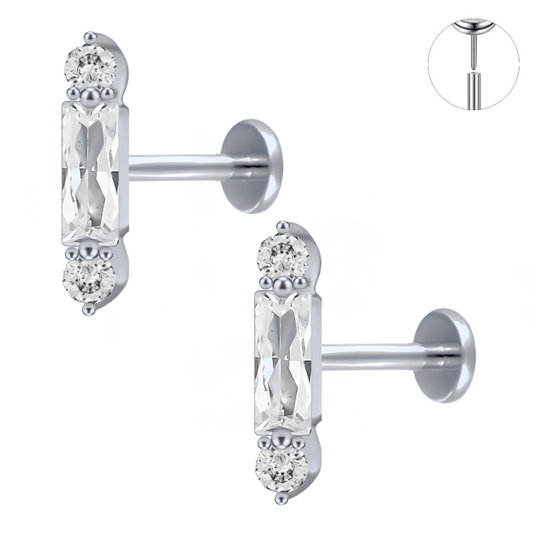 Steel Threadless Push In Rectangle Baguette CZ Bar Tragus Labret