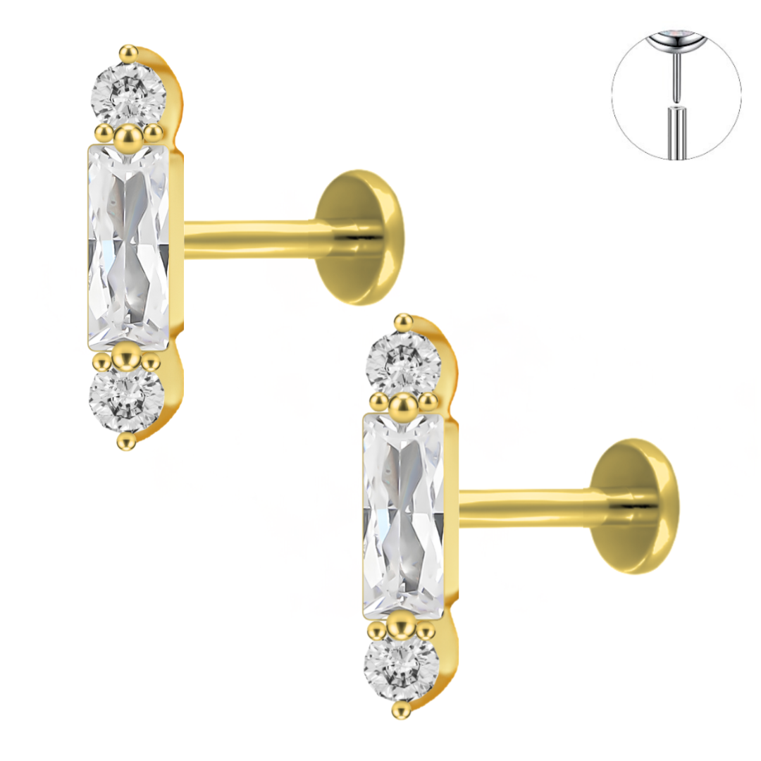 Gold Ion Plated Steel Threadless Push In Rectangle Baguette CZ Bar Tragus Labret