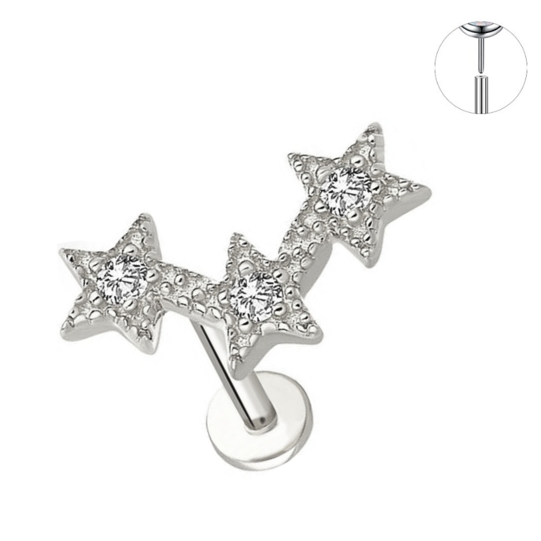 Steel Threadless Push In Triple CZ Stars Tragus Labret