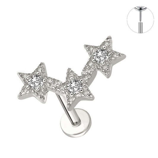 Steel Threadless Push In Triple CZ Stars Tragus Labret