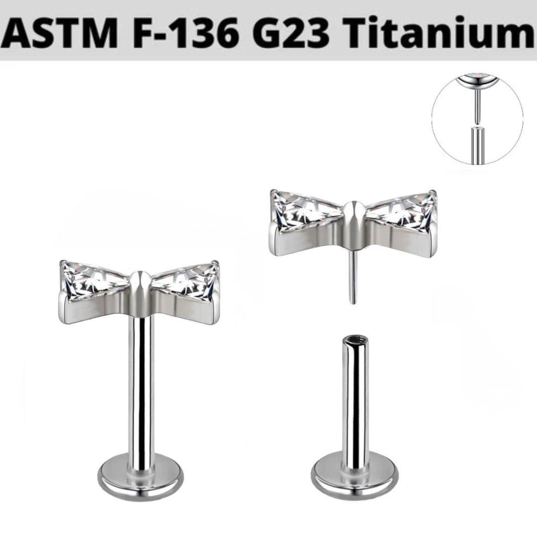 G23 Titanium Threadless Push In Triangle CZ Bow Tie Labret