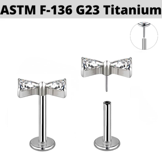 G23 Titanium Threadless Push In Triangle CZ Bow Tie Labret