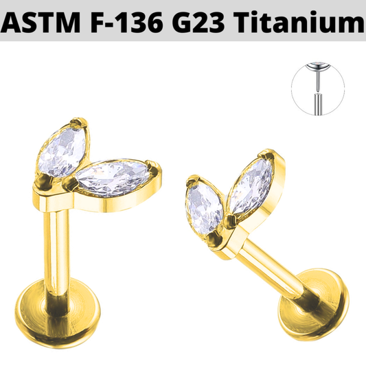 G23 Gold PVD Titanium Threadless Push In Twin Marquise CZ Labret