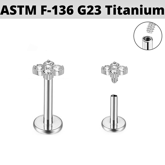 G23 Titanium Internally Threaded Micro CZ Clover Leaf Labret
