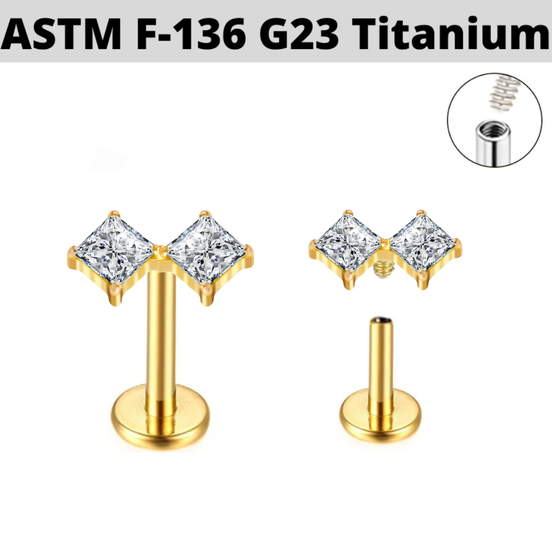 G23 Gold PVD Titanium Internally Threaded Double Princess CZ Labret