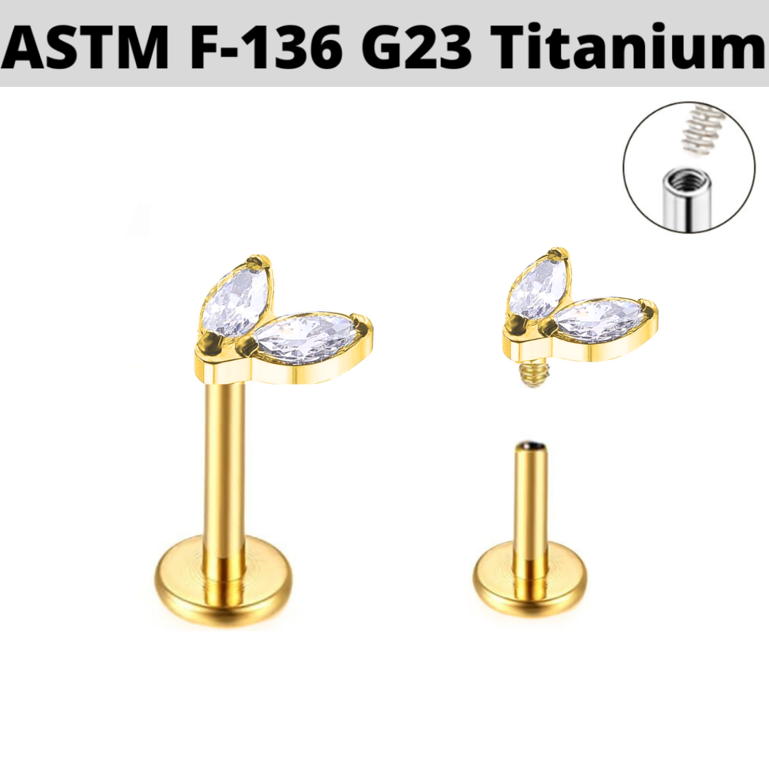 G23 Gold PVD Titanium Internally Threaded Double Marquise CZ Labret