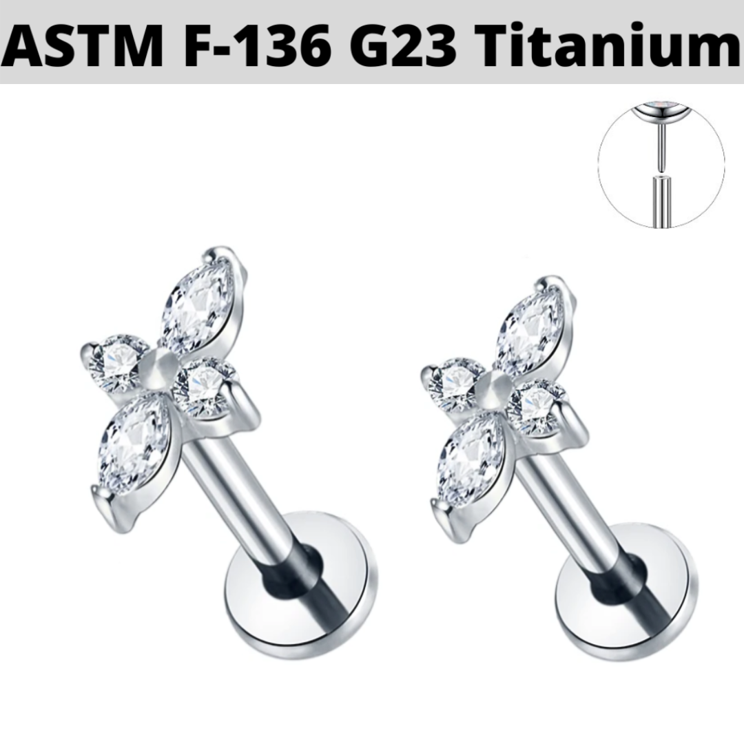 G23 Titanium Threadless Push In Marquise CZ Long Flower Labret