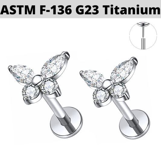 G23 Titanium Threadless Push In Marquise CZ Butterfly Labret