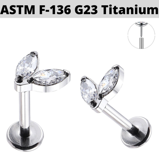 G23 Titanium Threadless Push In Twin Marquise CZ Labret