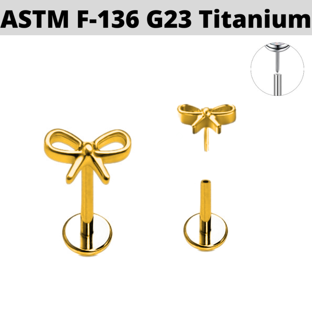 G23 Gold PVD Titanium Threadless Push In 3D Ribbon Bow Labret