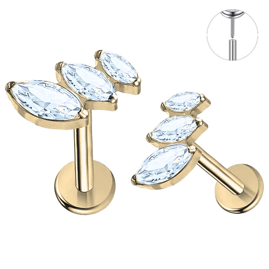 Gold Ion Plated Steel Threadless Push In Triple Graduated Marquise CZ Labret