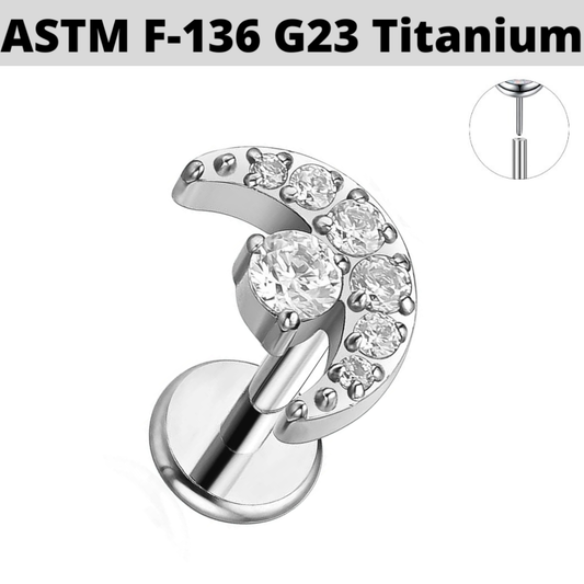 G23 Titanium Threadless Push In Paved CZ Moon Labret