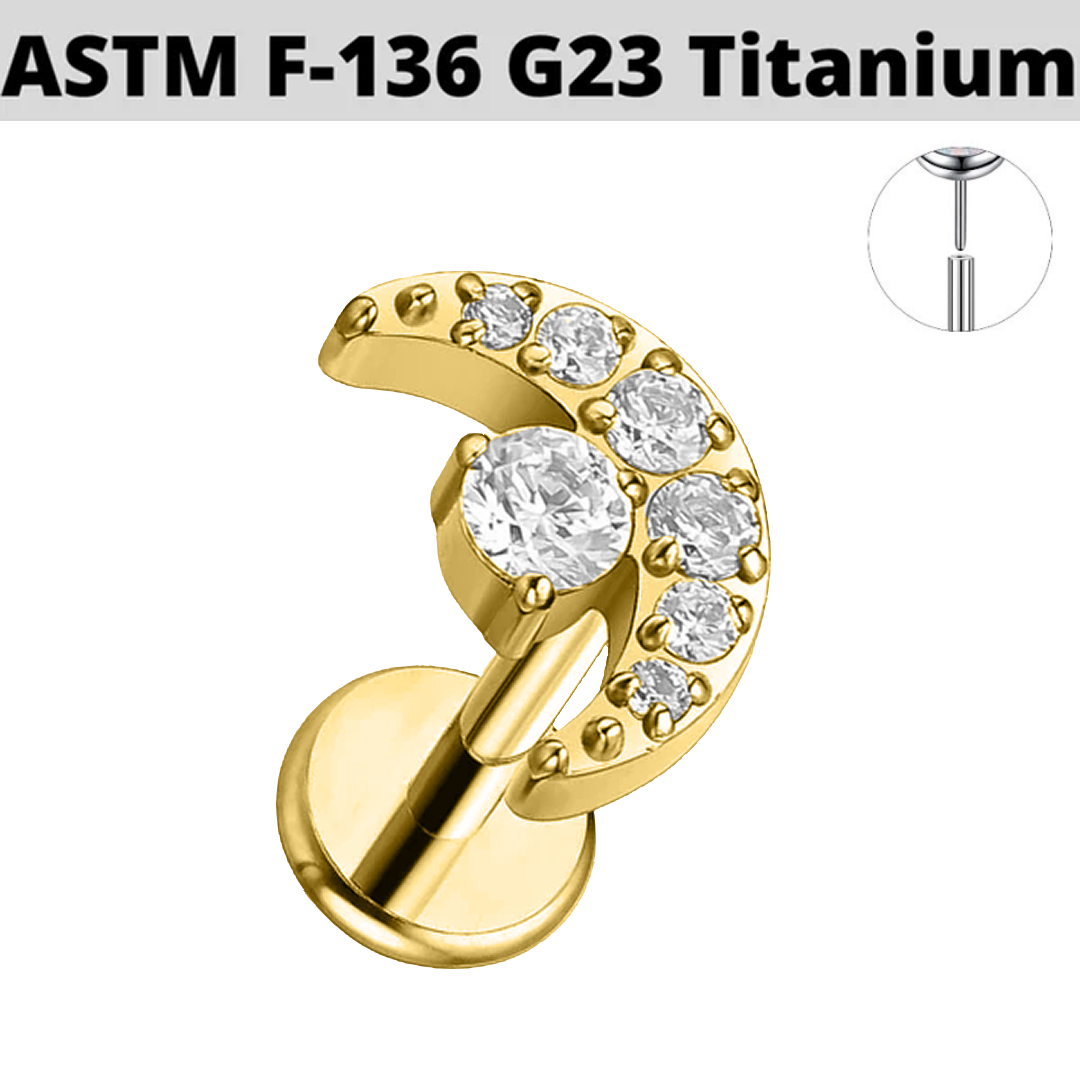 G23 Gold PVD Titanium Threadless Push In Paved CZ Moon Labret